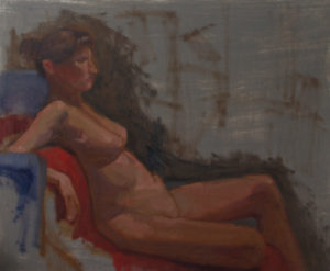 Nothing to Hide a 20 x 24 inch oil painting of a nude model resting against a red covered chair by Julie Dyer Holmes Raleigh NC