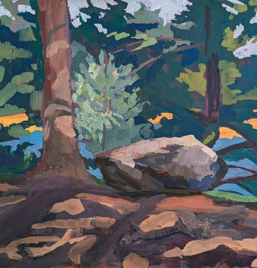 Rocky Forest Paradise 6x6 inch gouache painting by Fine Artist Julie Dyer Holmes September 2024